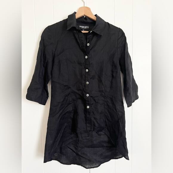 Vivian shyu black linen button down blouse summer lagenlook - Picture 1 of 4